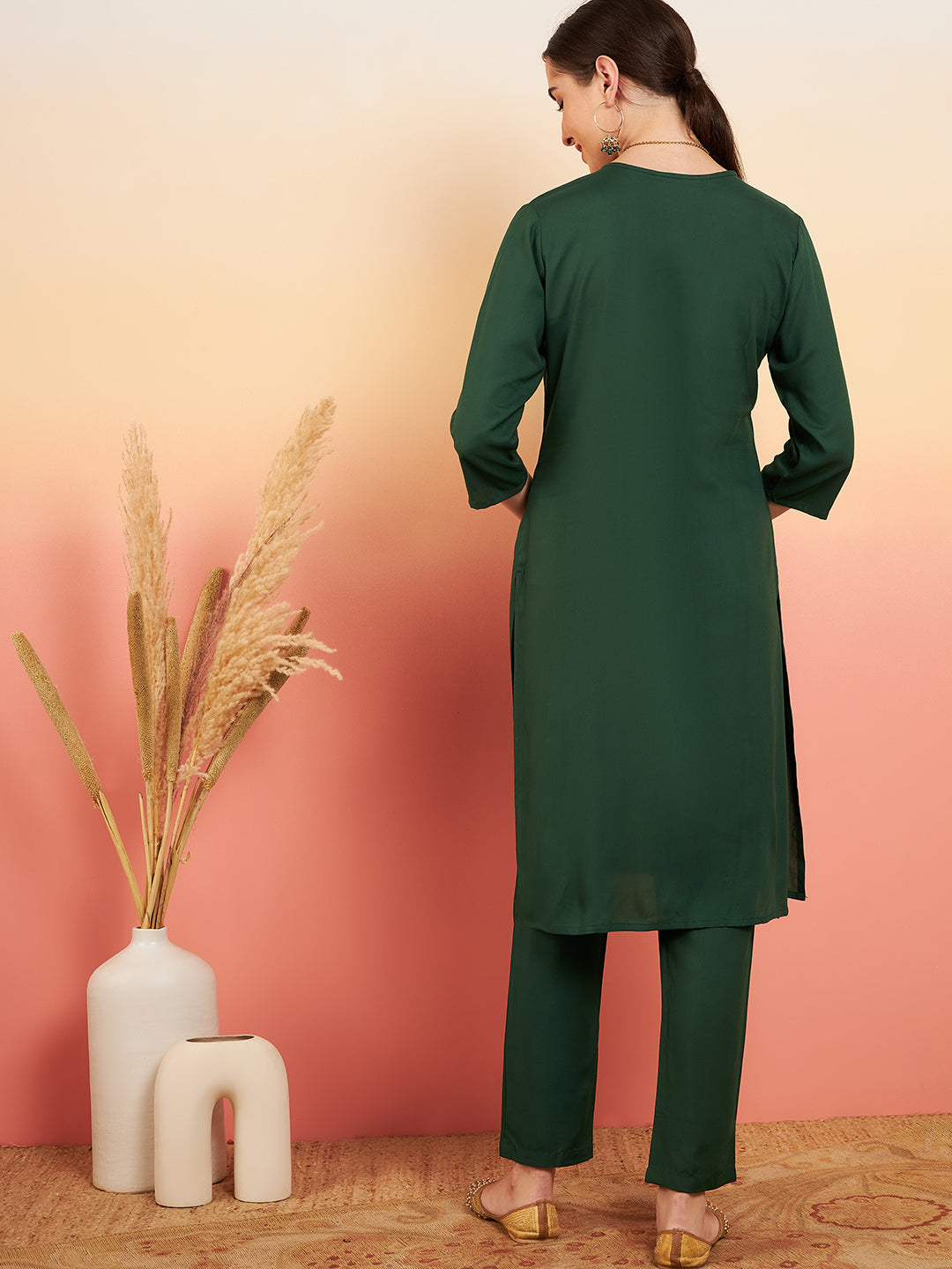 InWeave Women's Dark Green Sequance Patch Work Kurta Set - Swadesiicart