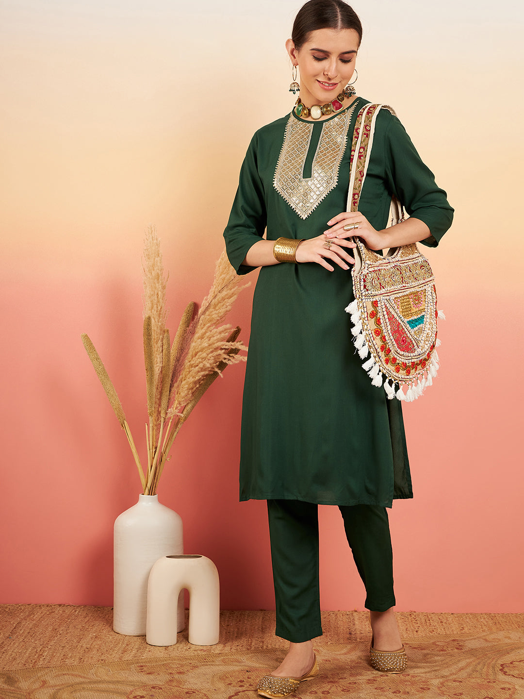 InWeave Women's Dark Green Sequance Patch Work Kurta Set - Swadesiicart