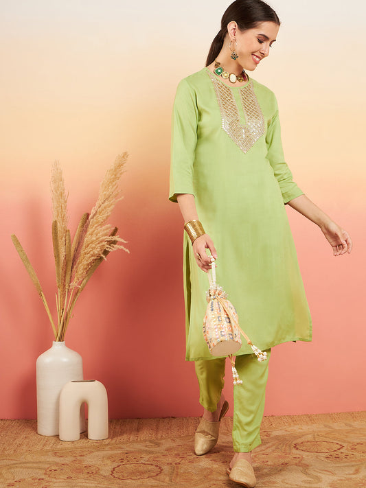 InWeave Women's Pear Green Sequance Patch Work Kurta Set - Swadesiicart