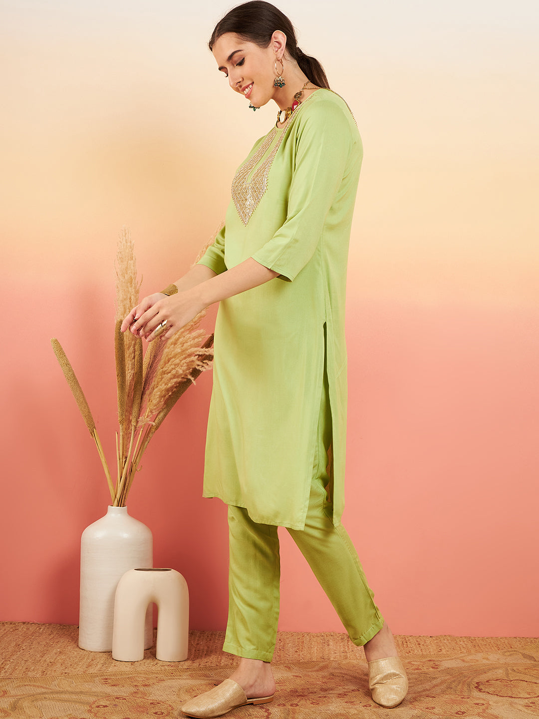 InWeave Women's Pear Green Sequance Patch Work Kurta Set - Swadesiicart