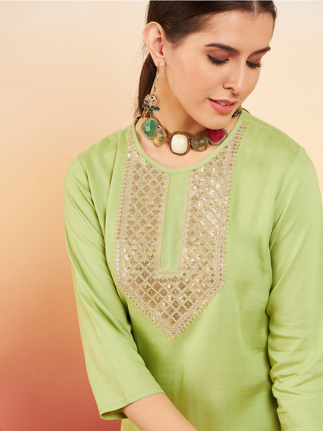 InWeave Women's Pear Green Sequance Patch Work Kurta Set - Swadesiicart