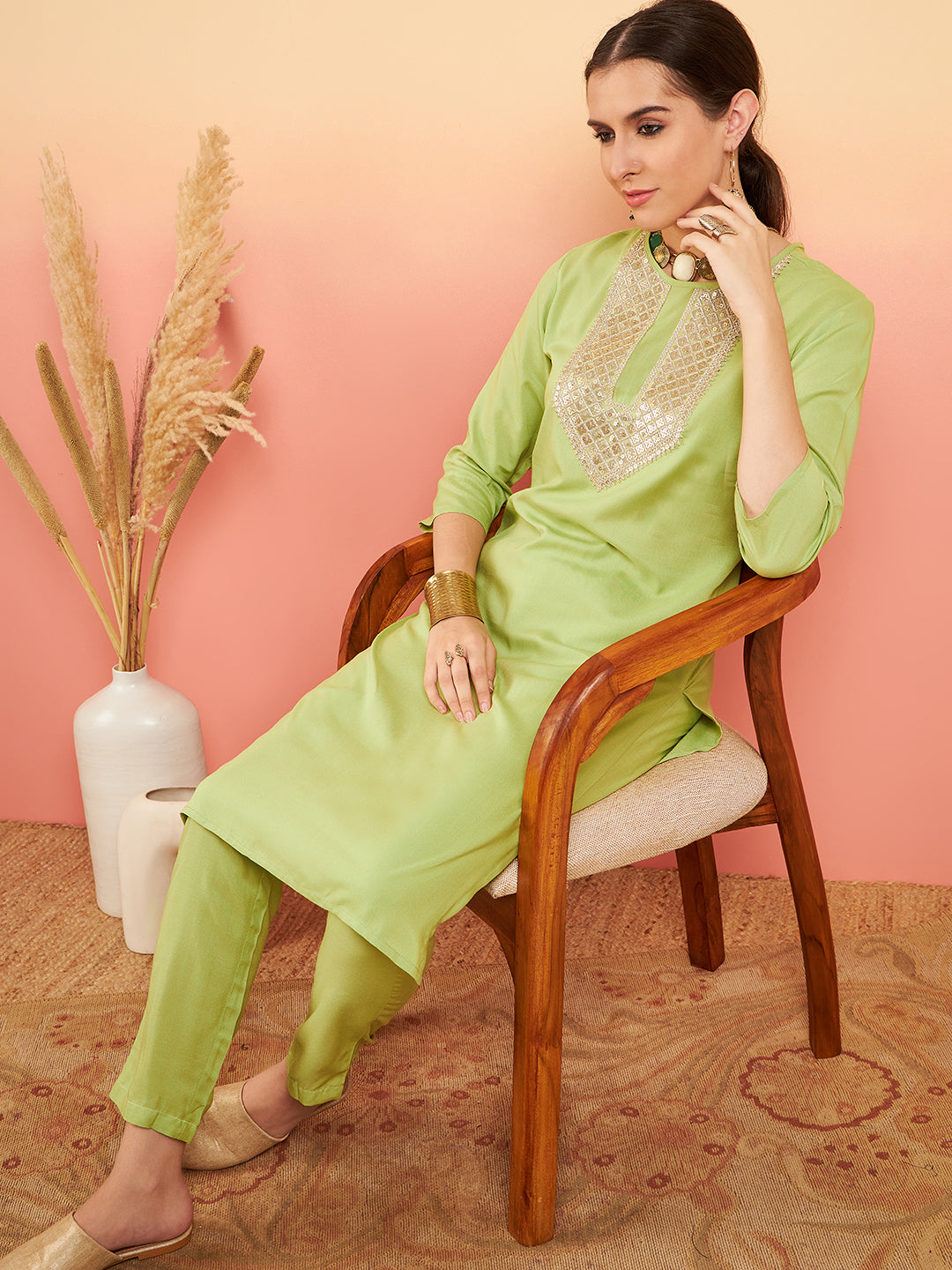 InWeave Women's Pear Green Sequance Patch Work Kurta Set - Swadesiicart