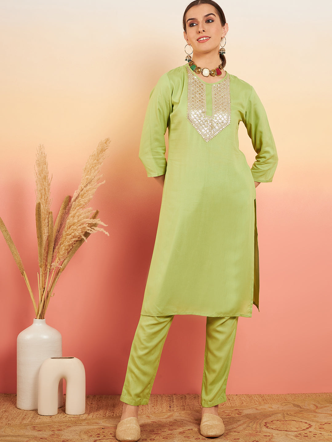 InWeave Women's Pear Green Sequance Patch Work Kurta Set - Swadesiicart