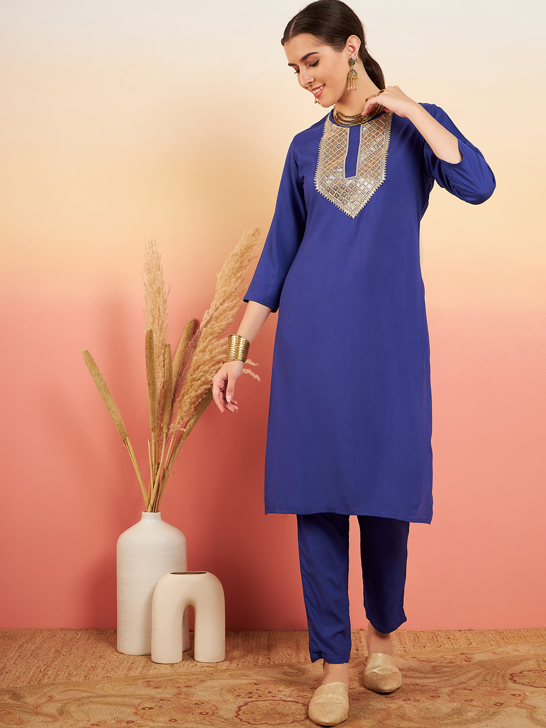 InWeave Women's Ink Blue Sequance Patch Work Kurta Set - Swadesiicart