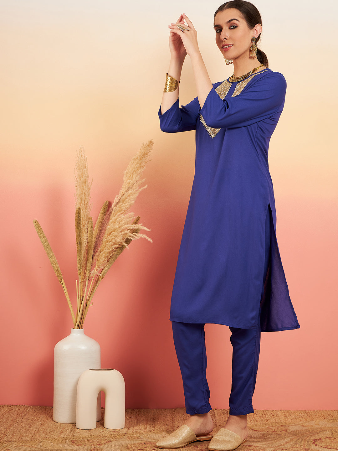 InWeave Women's Ink Blue Sequance Patch Work Kurta Set - Swadesiicart