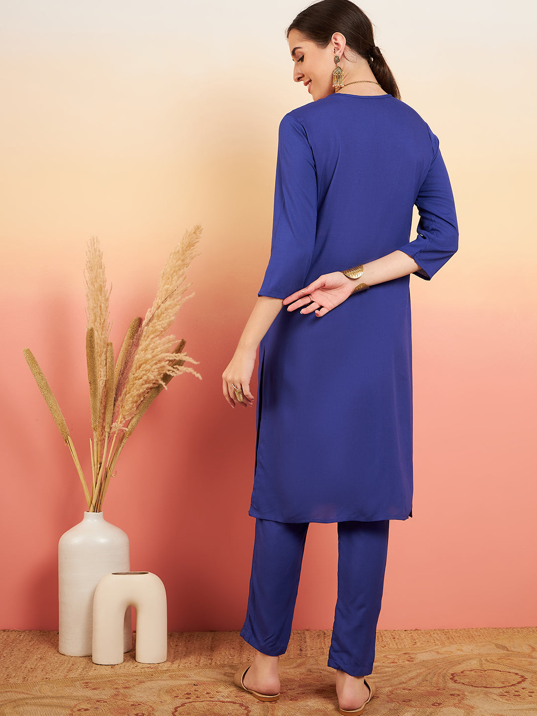 InWeave Women's Ink Blue Sequance Patch Work Kurta Set - Swadesiicart