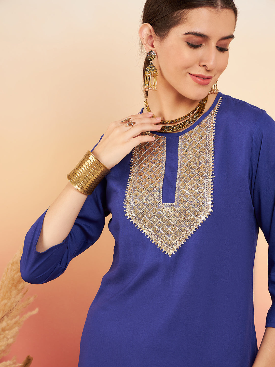 InWeave Women's Ink Blue Sequance Patch Work Kurta Set - Swadesiicart