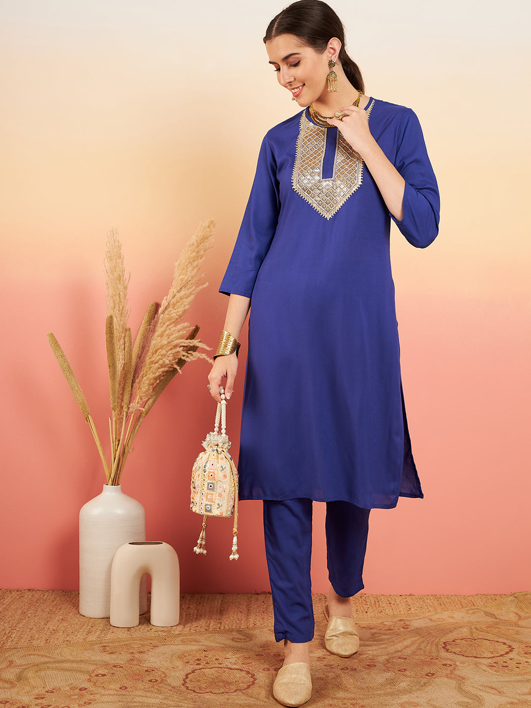 InWeave Women's Ink Blue Sequance Patch Work Kurta Set - Swadesiicart