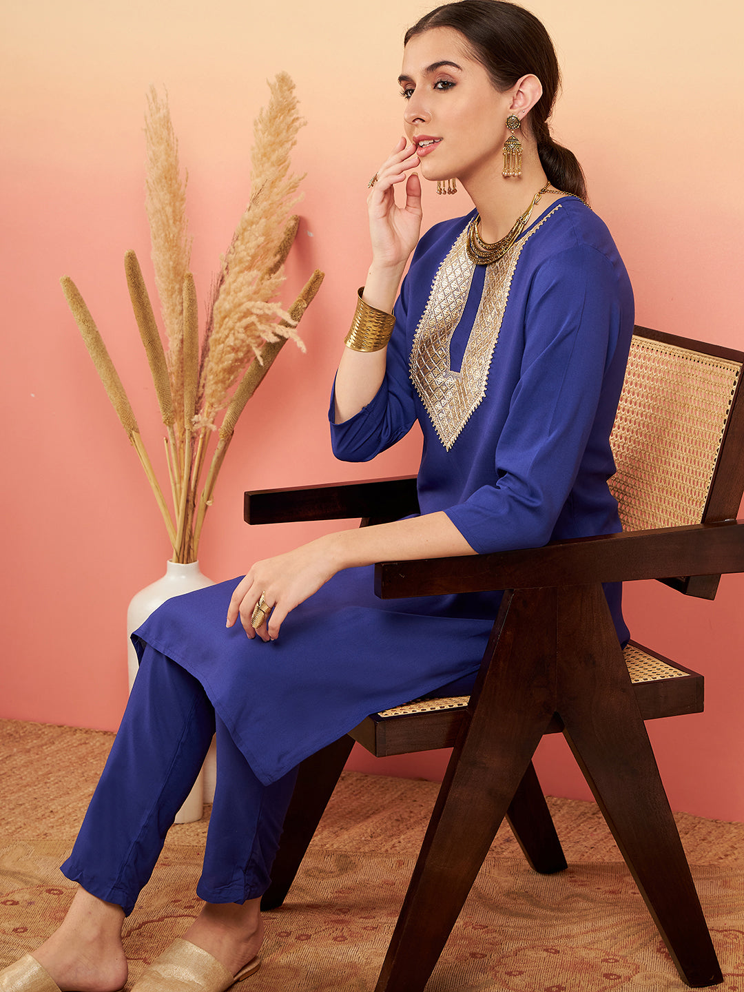 InWeave Women's Ink Blue Sequance Patch Work Kurta Set - Swadesiicart