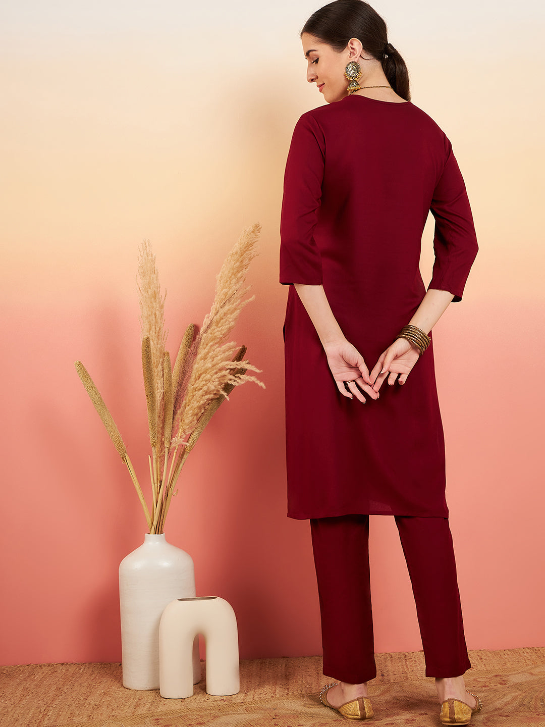 InWeave Women's Maroon Sequance Patch Work Kurta Set - Swadesiicart