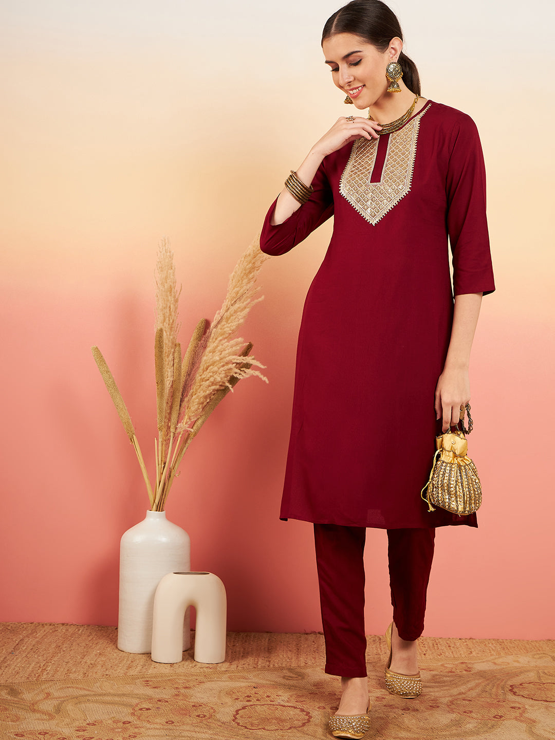 InWeave Women's Maroon Sequance Patch Work Kurta Set - Swadesiicart