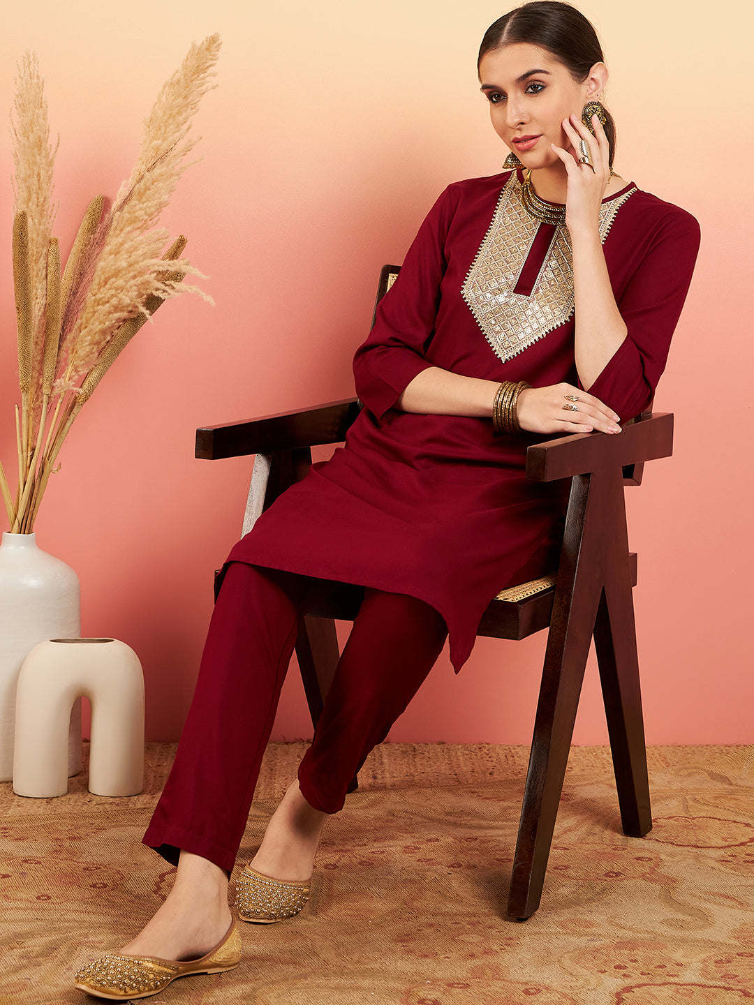 InWeave Women's Maroon Sequance Patch Work Kurta Set - Swadesiicart