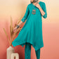 InWeave Women's Teal V Neck Gota Sleeve A Line Kurta Set - Swadesiicart