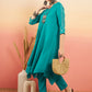 InWeave Women's Teal V Neck Gota Sleeve A Line Kurta Set - Swadesiicart