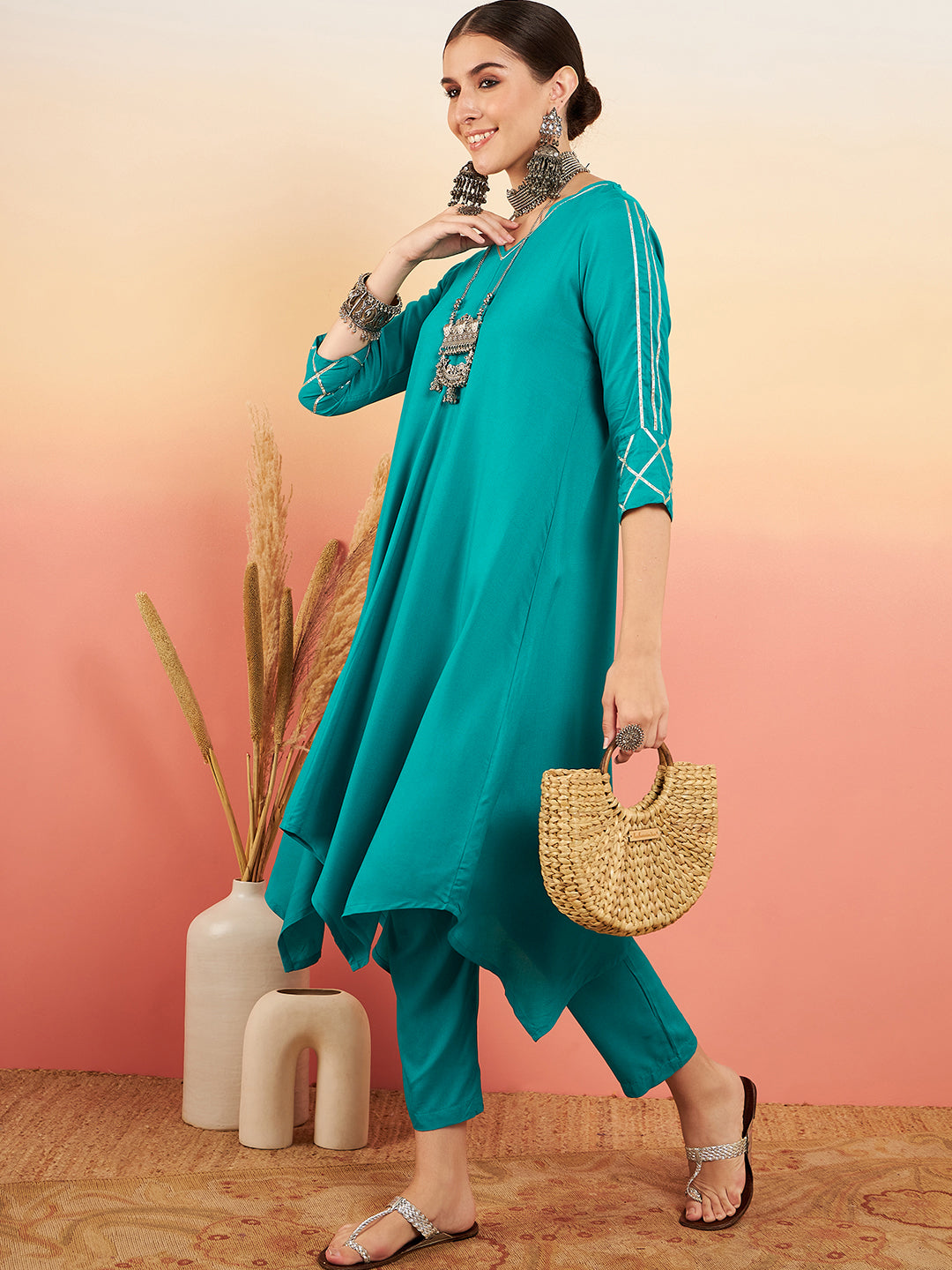 InWeave Women's Teal V Neck Gota Sleeve A Line Kurta Set - Swadesiicart