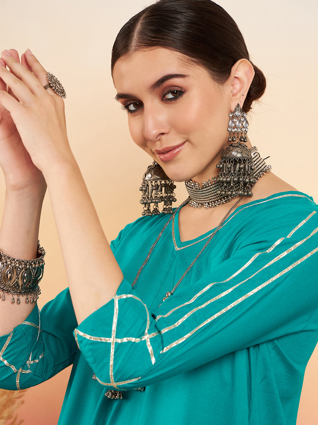 InWeave Women's Teal V Neck Gota Sleeve A Line Kurta Set - Swadesiicart