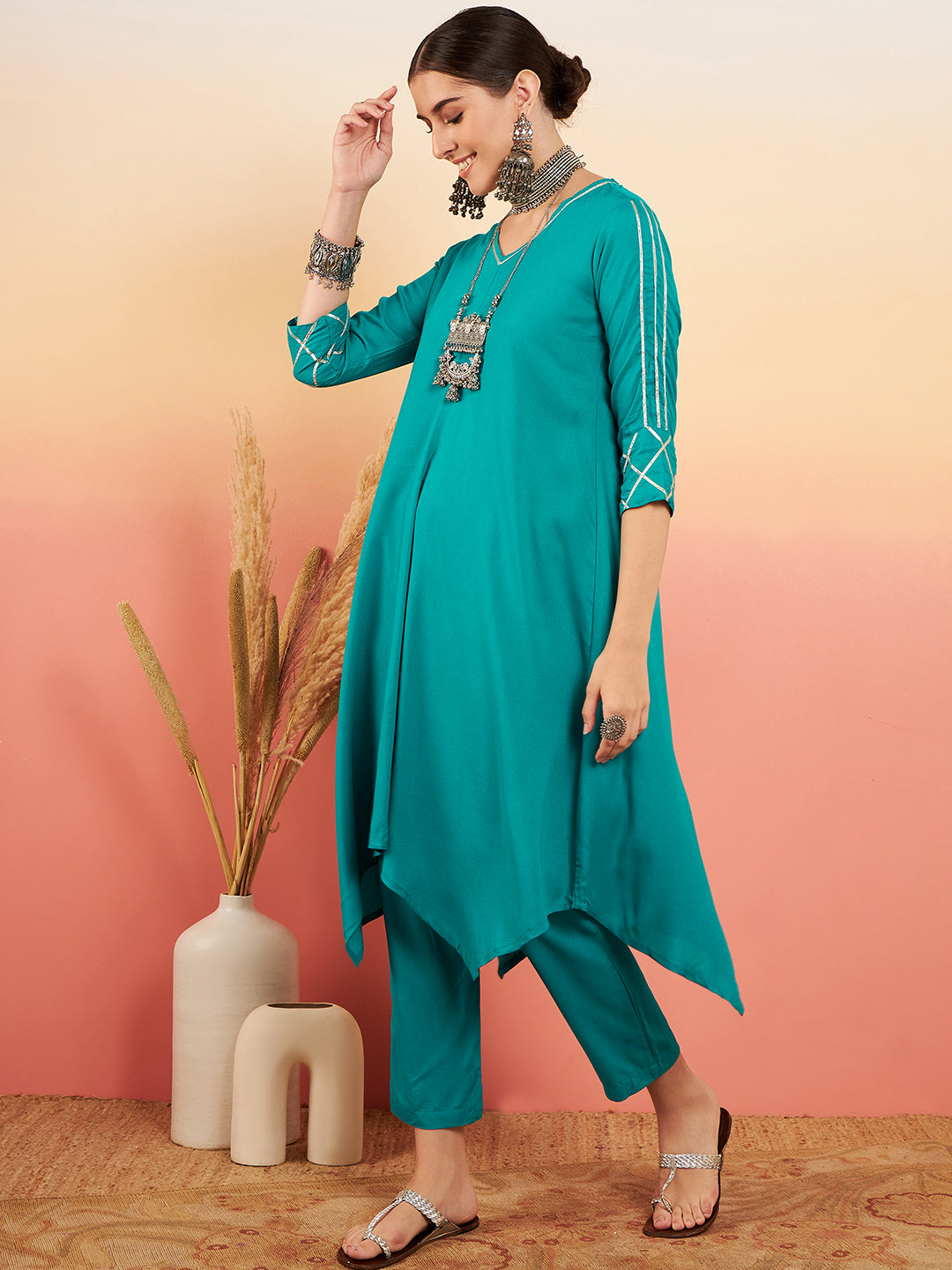 InWeave Women's Teal V Neck Gota Sleeve A Line Kurta Set - Swadesiicart
