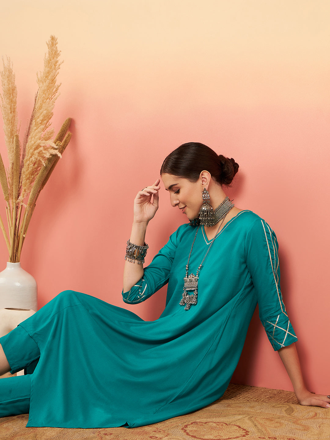 InWeave Women's Teal V Neck Gota Sleeve A Line Kurta Set - Swadesiicart
