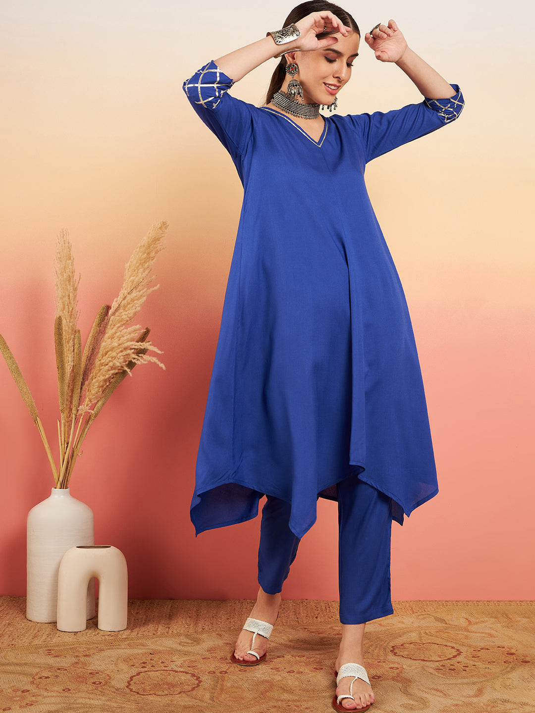 InWeave Women's Ink Blue V Neck Gota Sleeve A Line Kurta Set - Swadesiicart