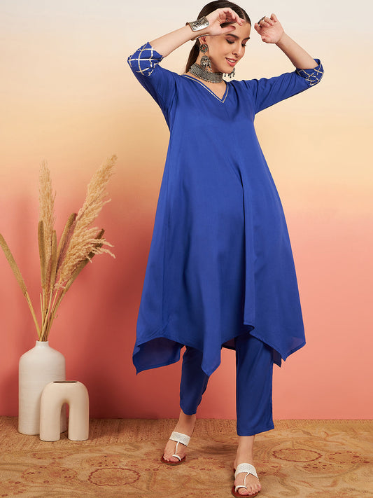 InWeave Women's Ink Blue V Neck Gota Sleeve A Line Kurta Set - Swadesiicart