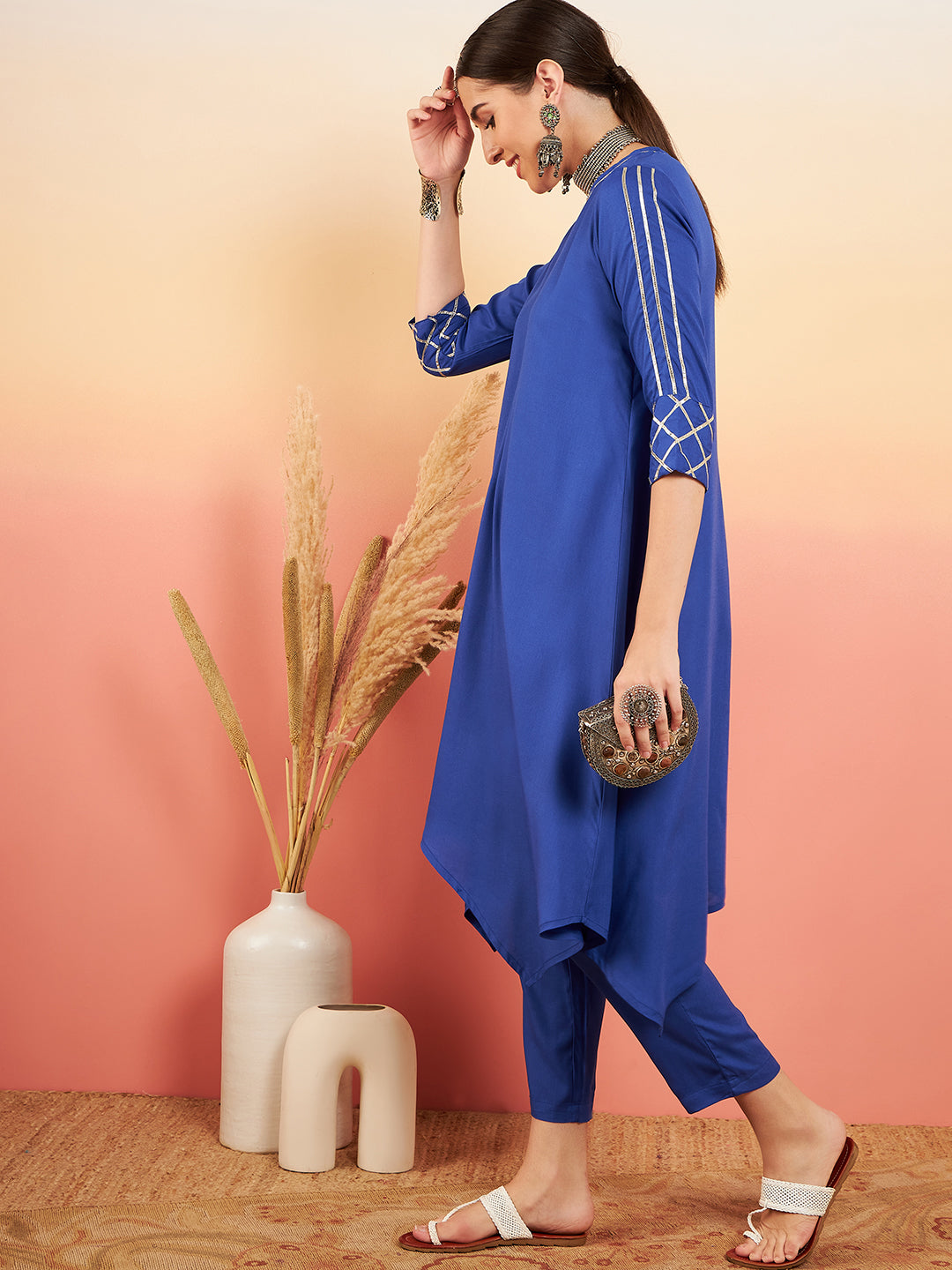 InWeave Women's Ink Blue V Neck Gota Sleeve A Line Kurta Set - Swadesiicart