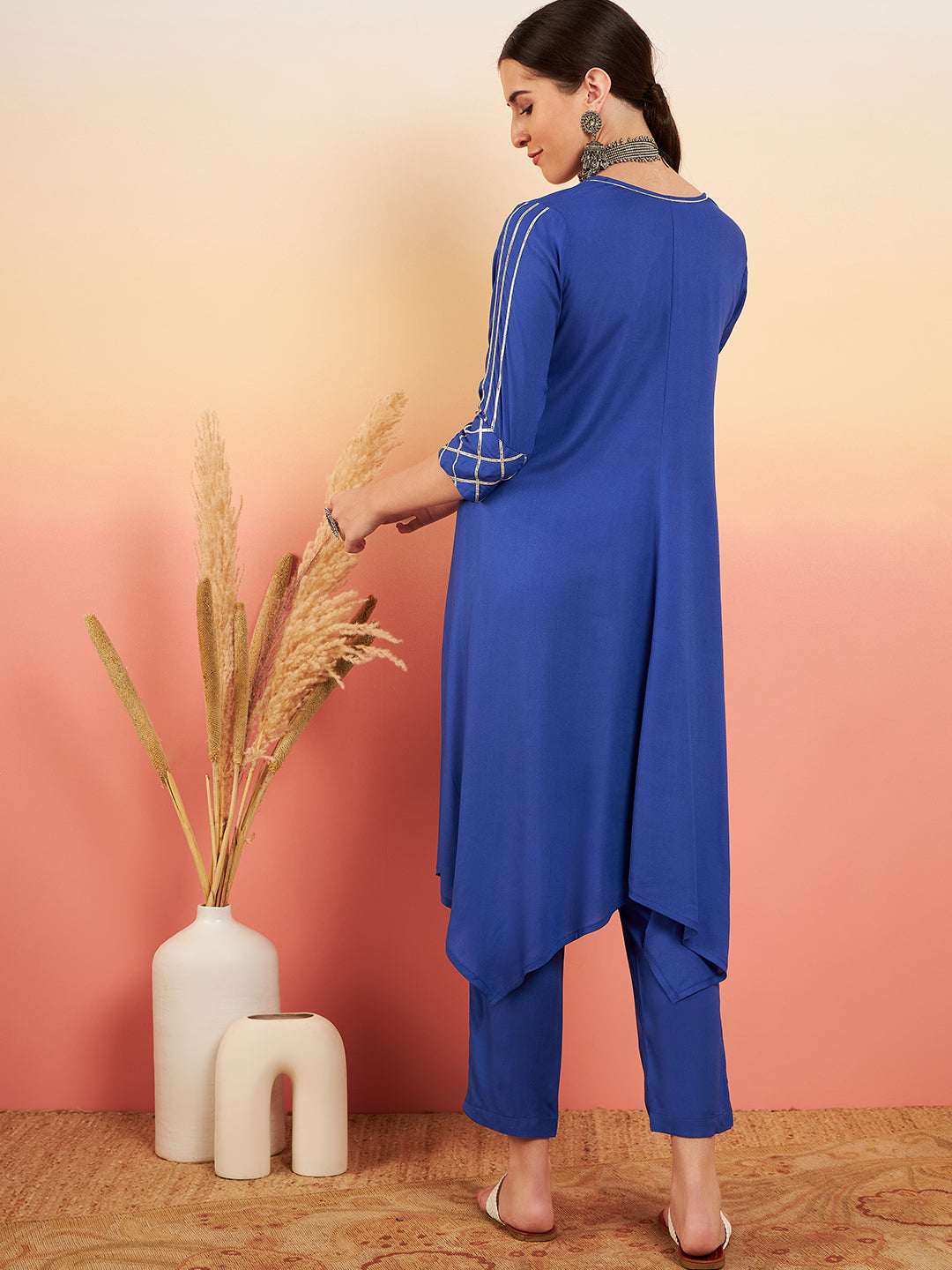 InWeave Women's Ink Blue V Neck Gota Sleeve A Line Kurta Set - Swadesiicart