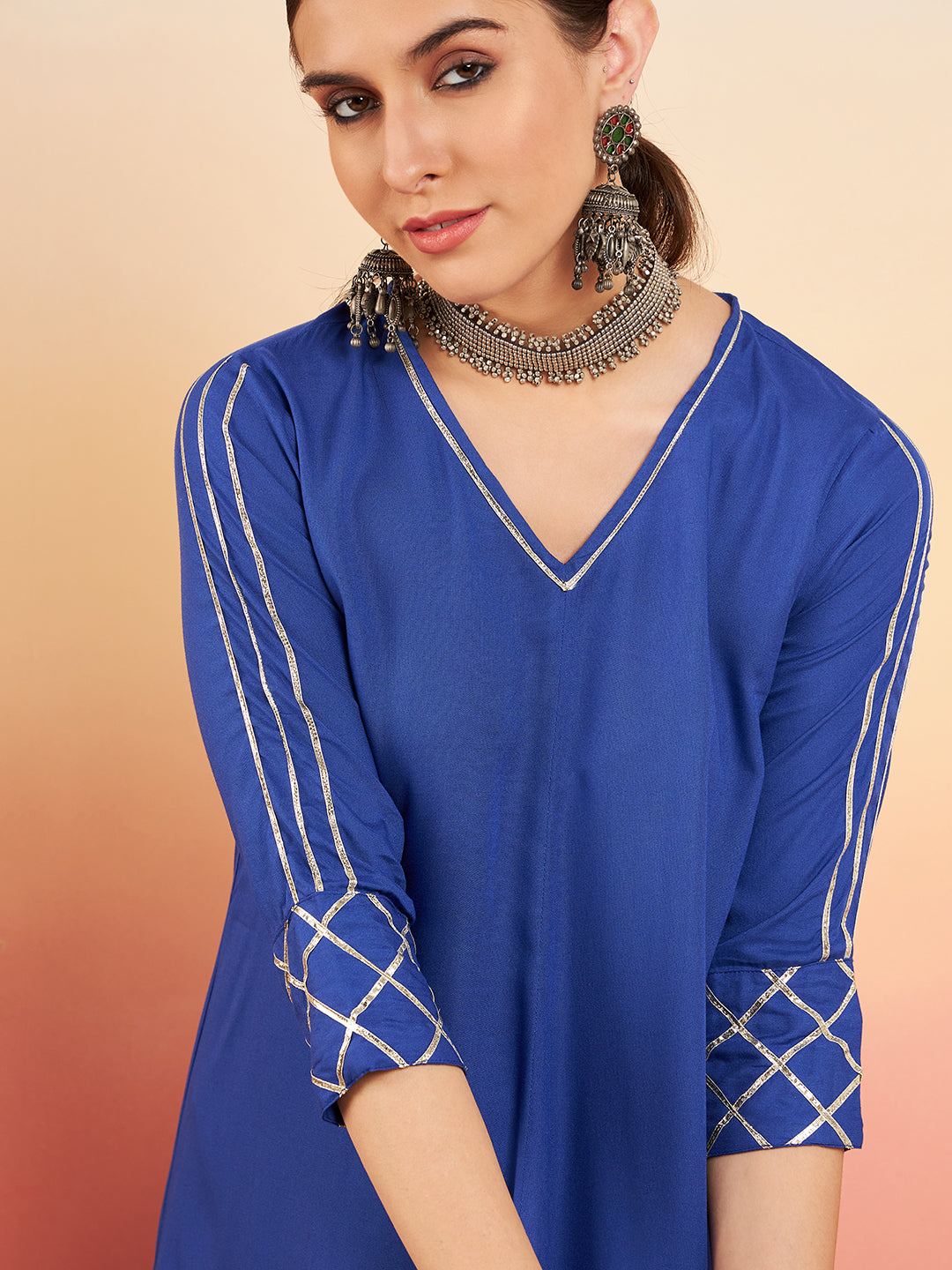 InWeave Women's Ink Blue V Neck Gota Sleeve A Line Kurta Set - Swadesiicart