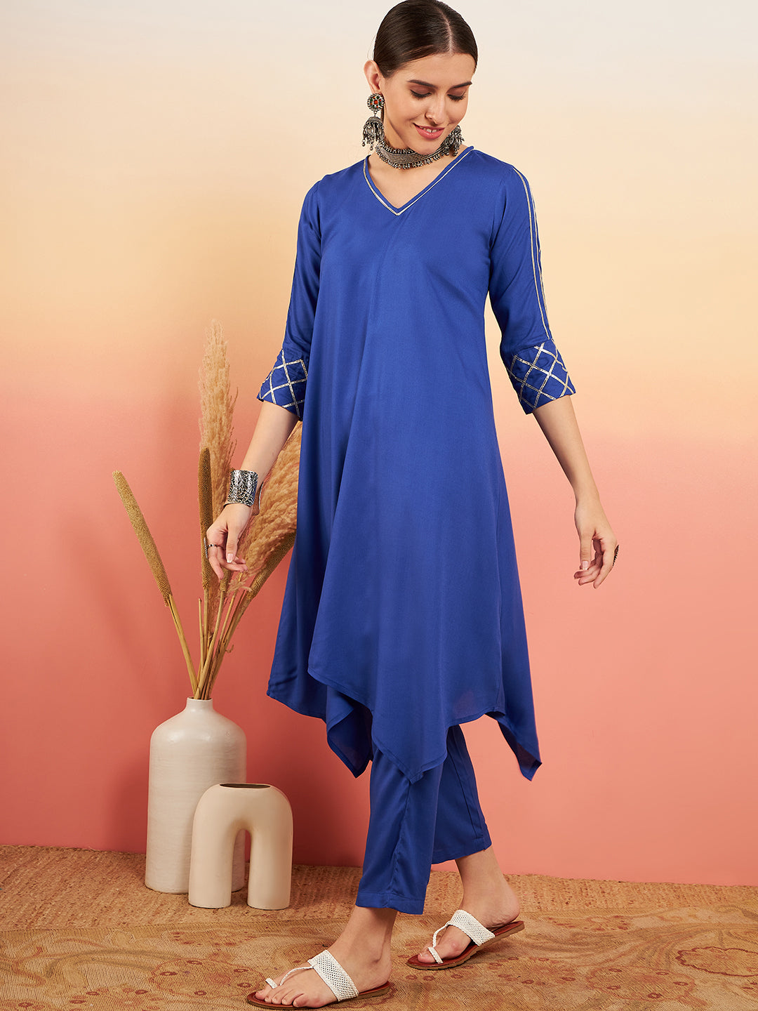 InWeave Women's Ink Blue V Neck Gota Sleeve A Line Kurta Set - Swadesiicart