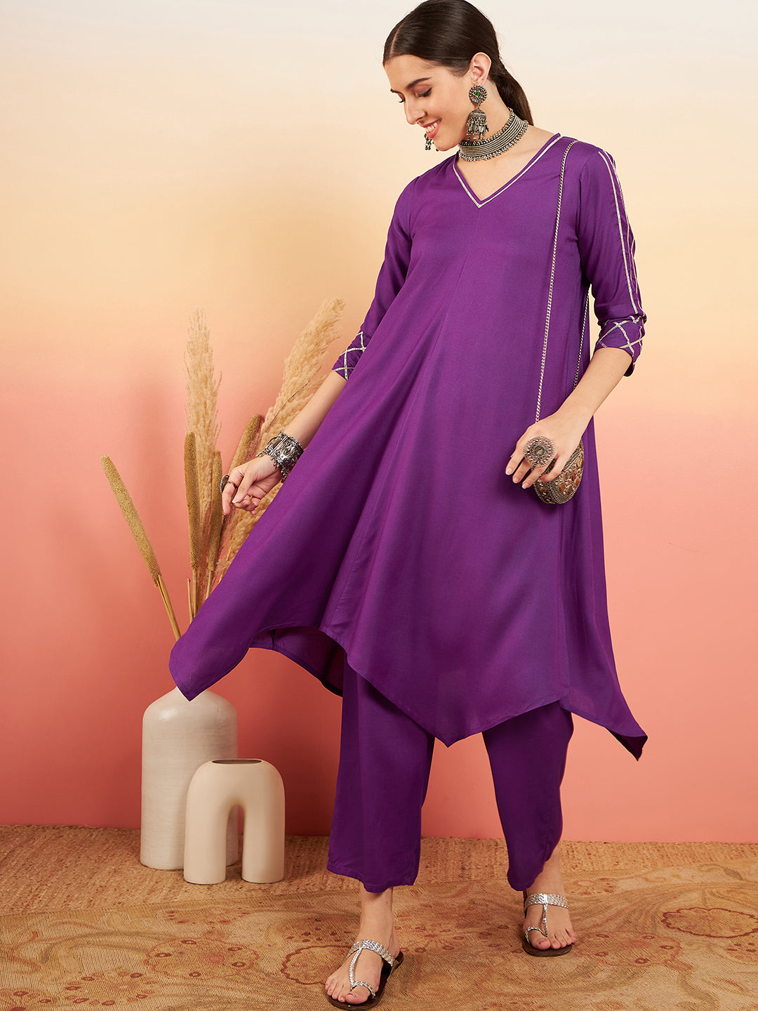 InWeave Women's Violet V Neck Gota Sleeve A Line Kurta Set - Swadesiicart