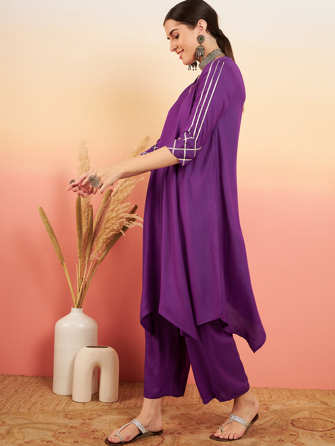 InWeave Women's Violet V Neck Gota Sleeve A Line Kurta Set - Swadesiicart