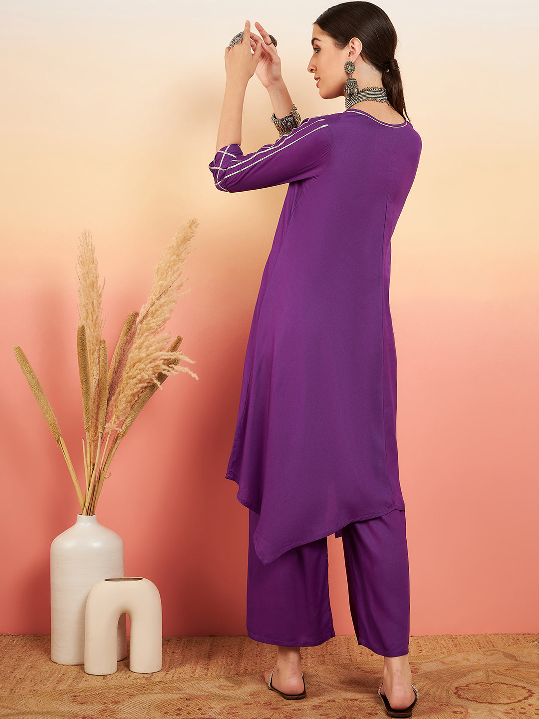 InWeave Women's Violet V Neck Gota Sleeve A Line Kurta Set - Swadesiicart