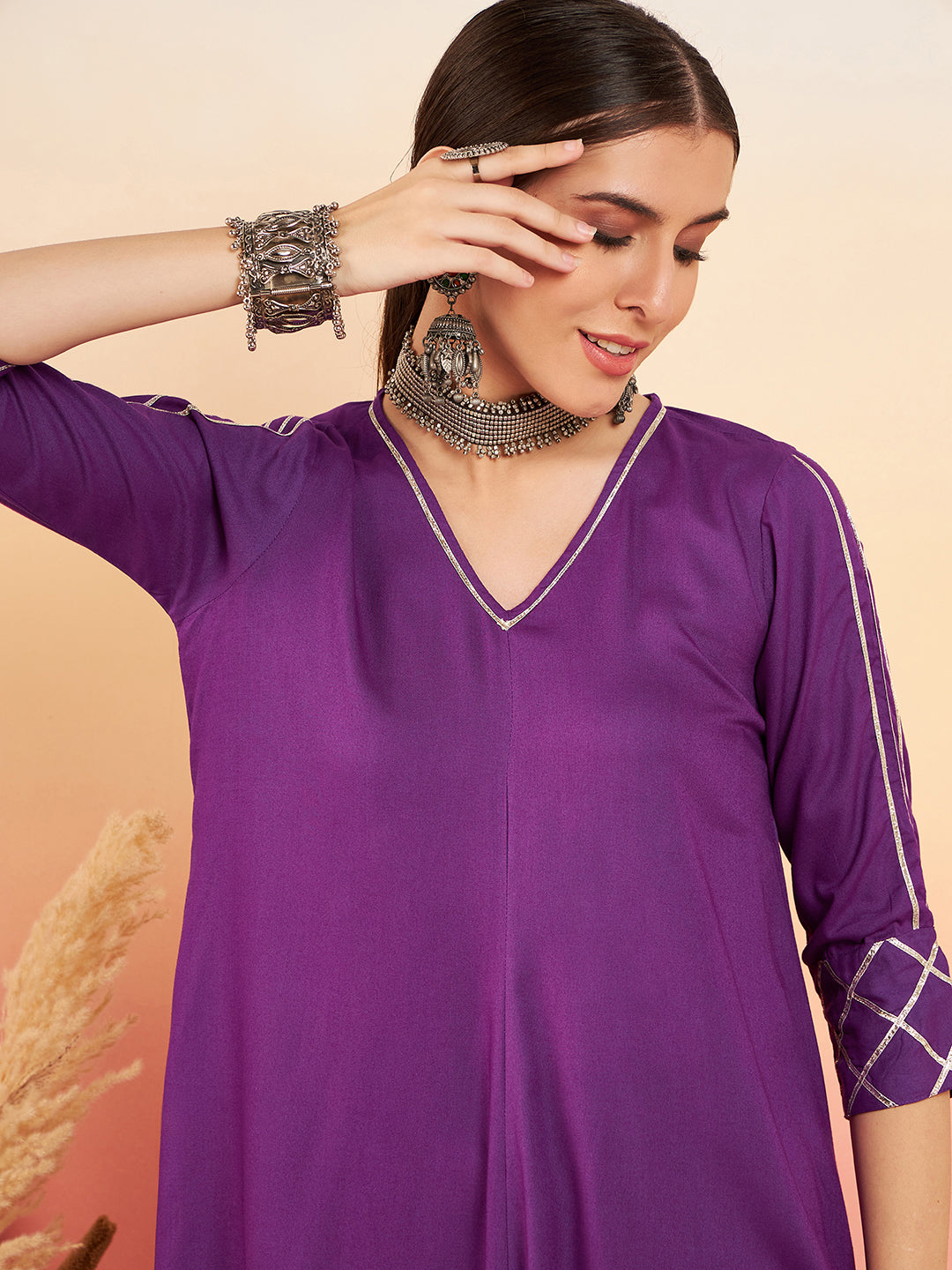InWeave Women's Violet V Neck Gota Sleeve A Line Kurta Set - Swadesiicart