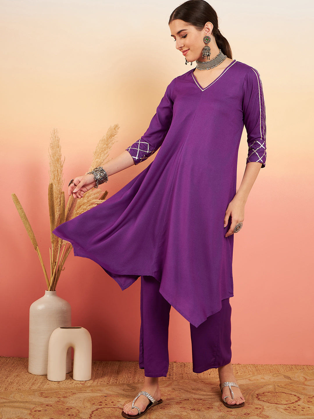 InWeave Women's Violet V Neck Gota Sleeve A Line Kurta Set - Swadesiicart