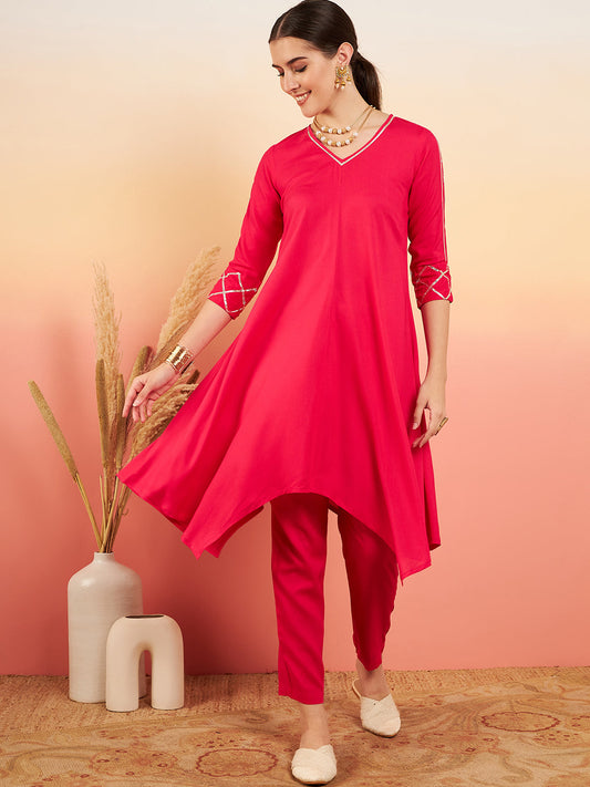InWeave Women's Fuschia V Neck Gota Sleeve A Line Kurta Set - Swadesiicart