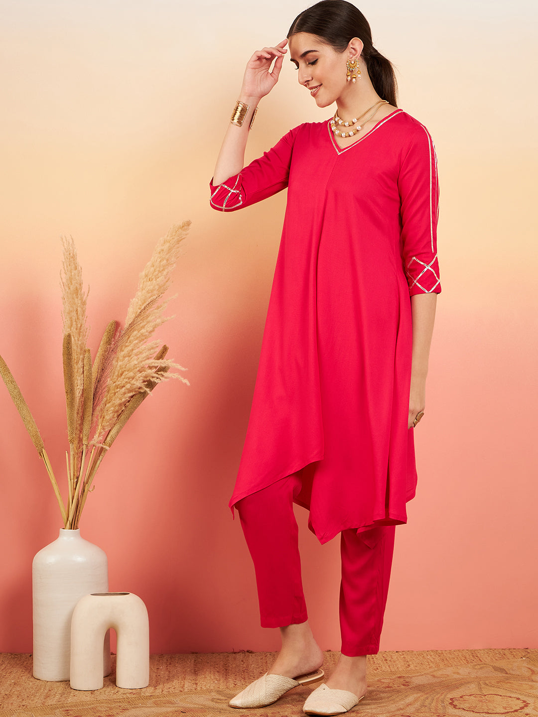 InWeave Women's Fuschia V Neck Gota Sleeve A Line Kurta Set - Swadesiicart