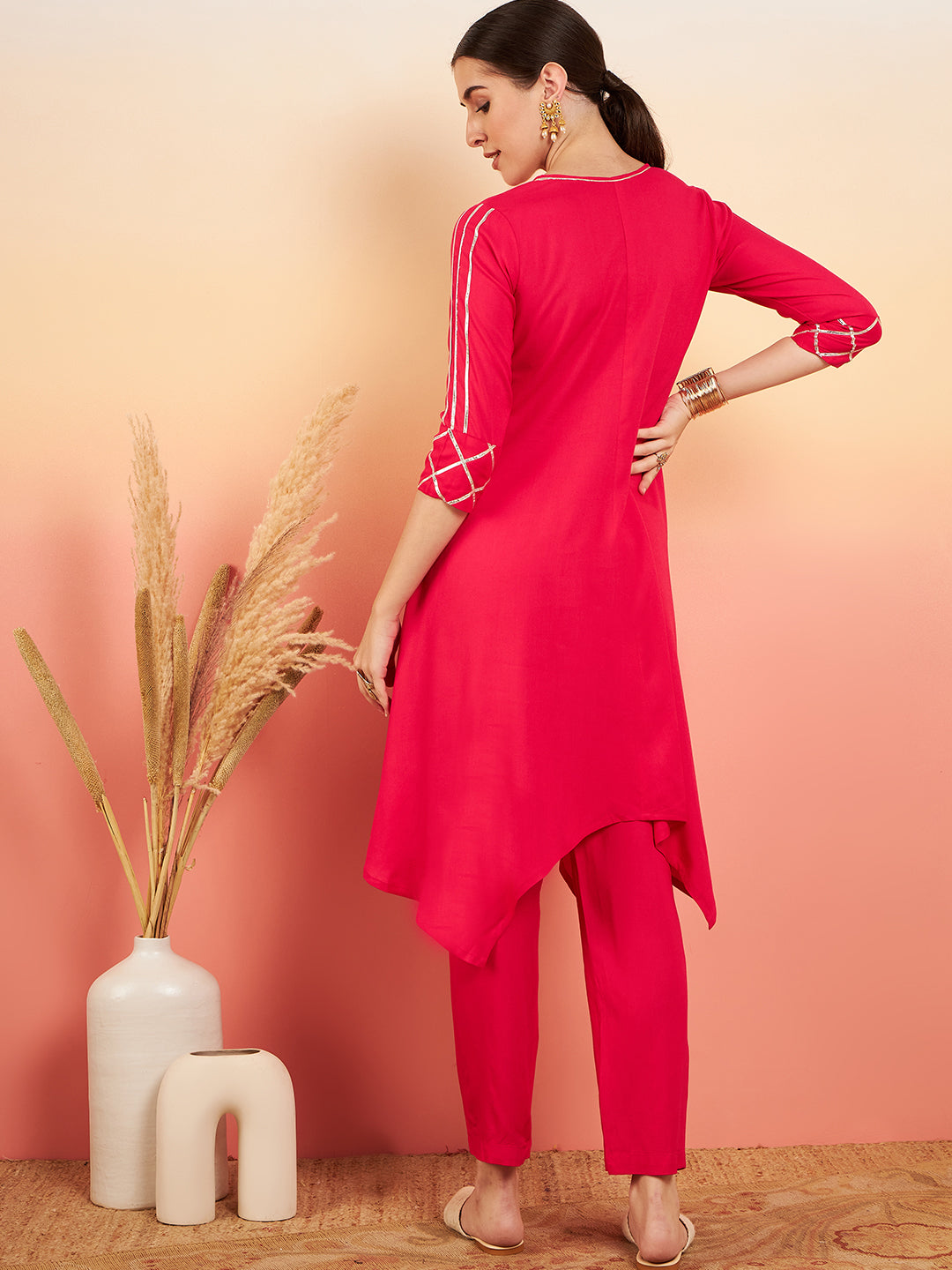 InWeave Women's Fuschia V Neck Gota Sleeve A Line Kurta Set - Swadesiicart
