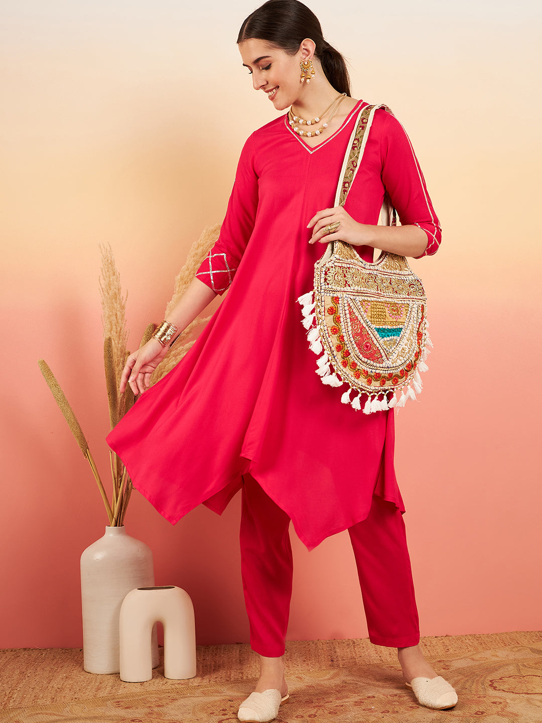 InWeave Women's Fuschia V Neck Gota Sleeve A Line Kurta Set - Swadesiicart