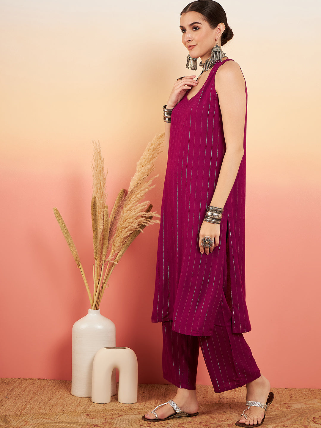 InWeave Women's Wine Lurex Neck Patti Halter Kurta Pant Set - Swadesiicart