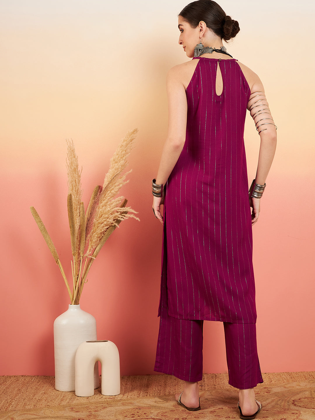 InWeave Women's Wine Lurex Neck Patti Halter Kurta Pant Set - Swadesiicart