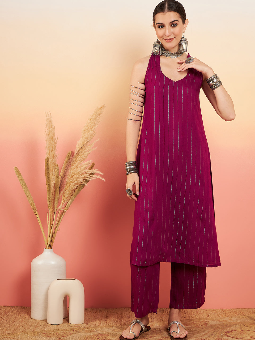 InWeave Women's Wine Lurex Neck Patti Halter Kurta Pant Set - Swadesiicart