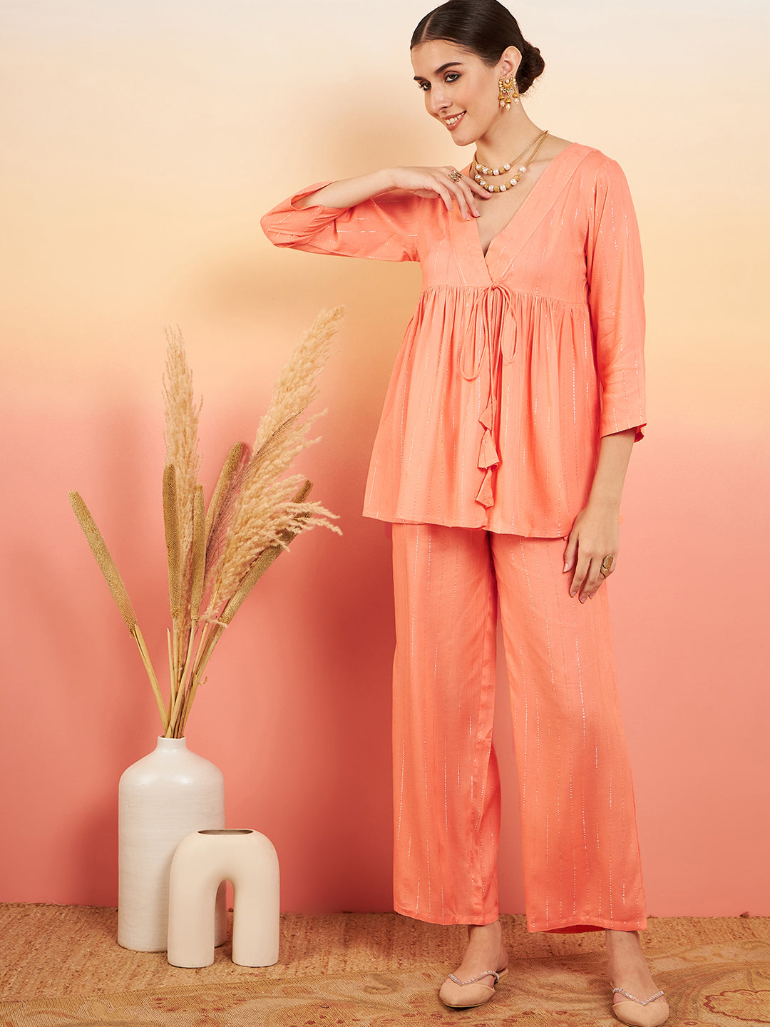 InWeave Women's Creamy Peach Lurex V Neck Front Tie Up Kurta Pant Set - Swadesiicart