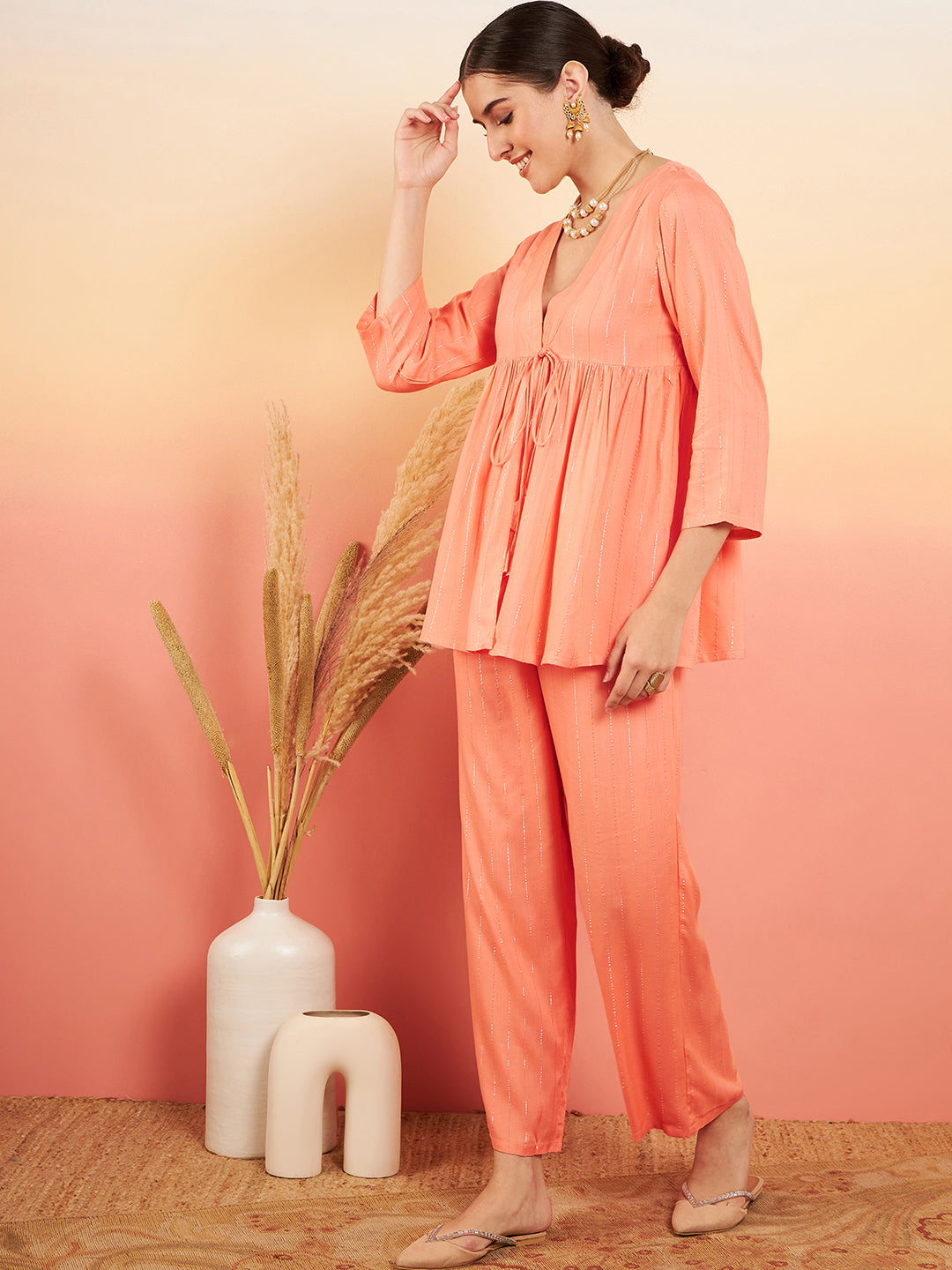InWeave Women's Creamy Peach Lurex V Neck Front Tie Up Kurta Pant Set - Swadesiicart