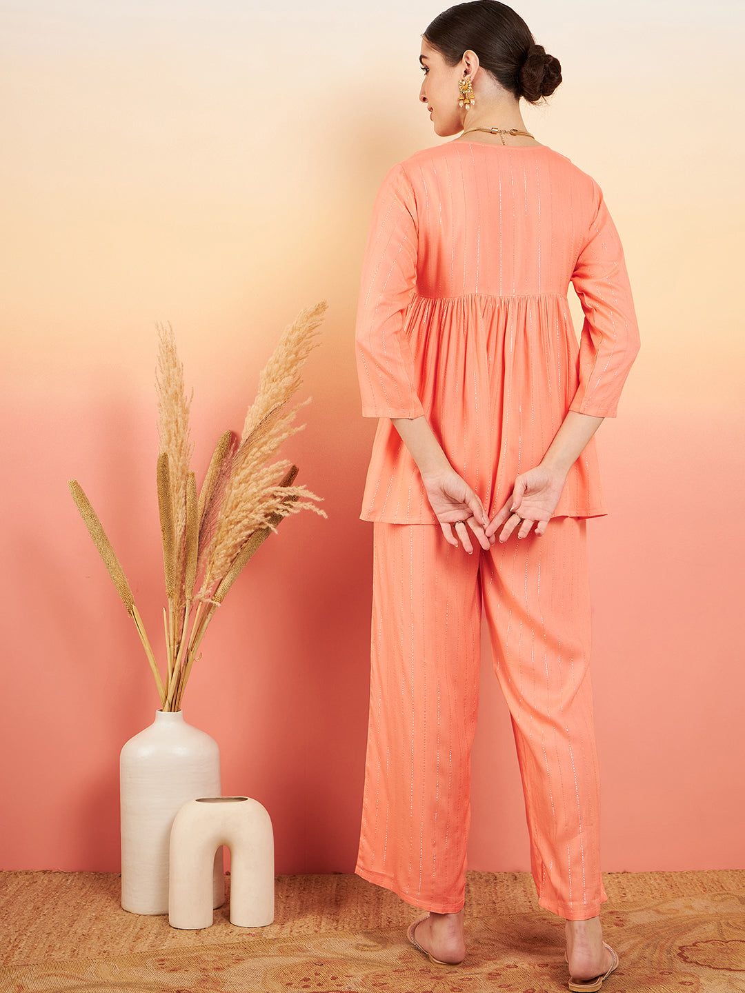 InWeave Women's Creamy Peach Lurex V Neck Front Tie Up Kurta Pant Set - Swadesiicart