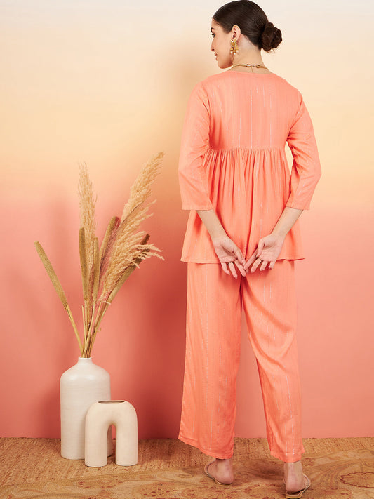InWeave Women's Creamy Peach Lurex V Neck Front Tie Up Kurta Pant Set - Swadesiicart