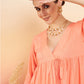 InWeave Women's Creamy Peach Lurex V Neck Front Tie Up Kurta Pant Set - Swadesiicart