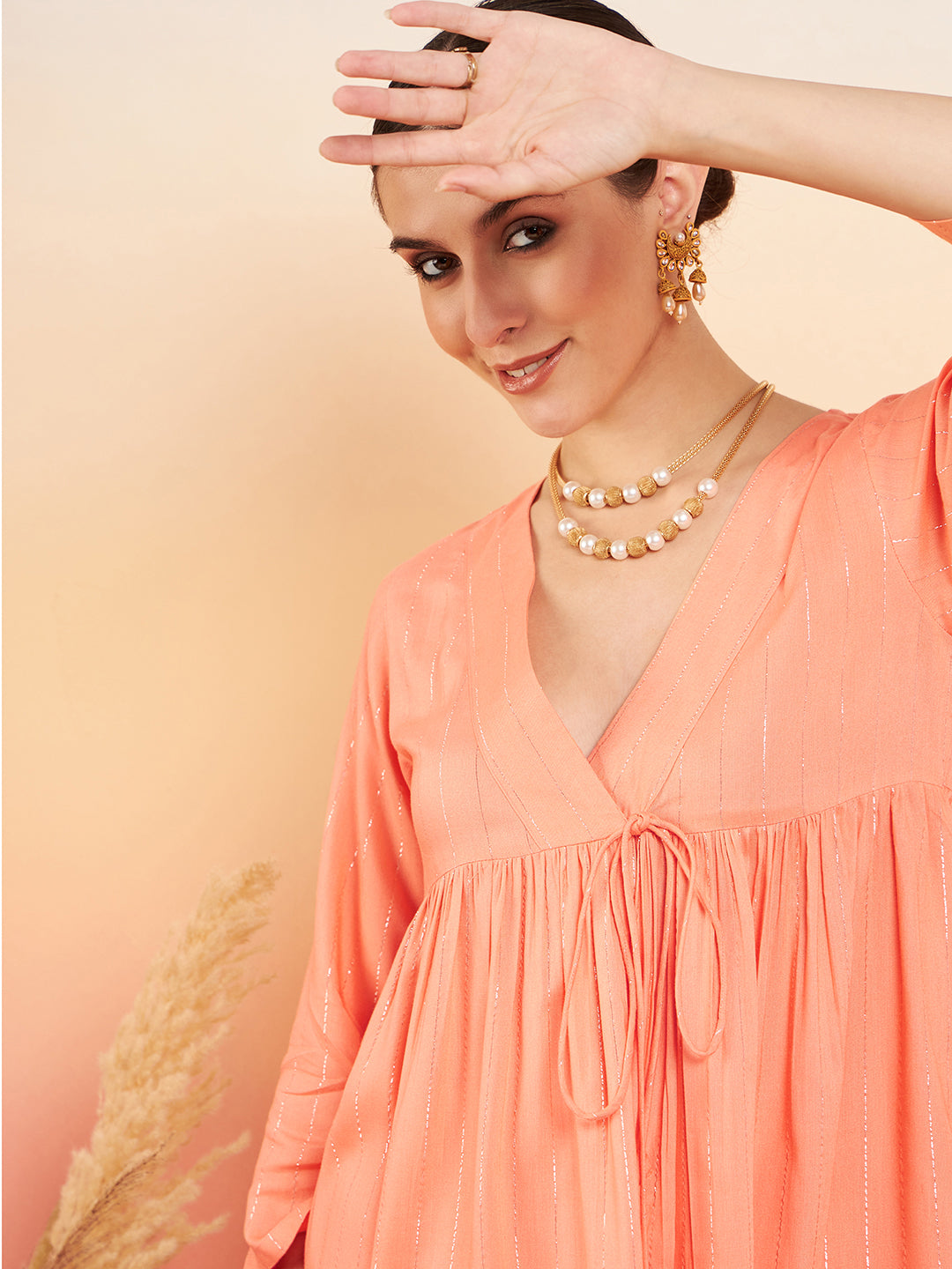InWeave Women's Creamy Peach Lurex V Neck Front Tie Up Kurta Pant Set - Swadesiicart