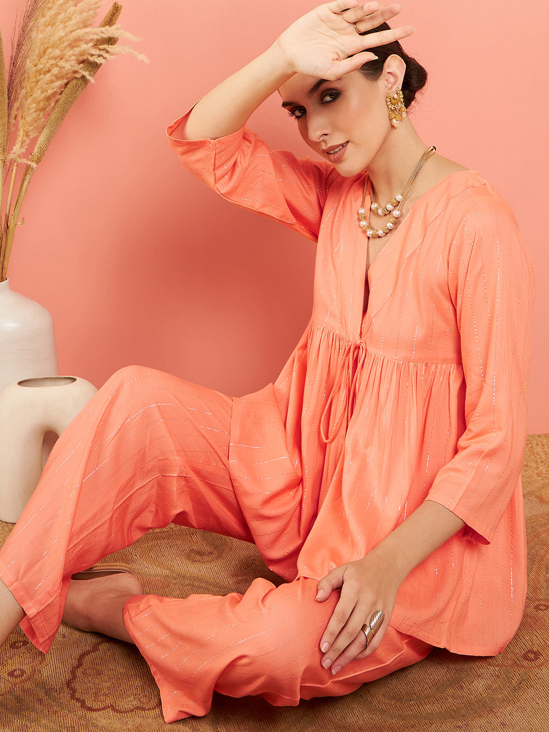 InWeave Women's Creamy Peach Lurex V Neck Front Tie Up Kurta Pant Set - Swadesiicart