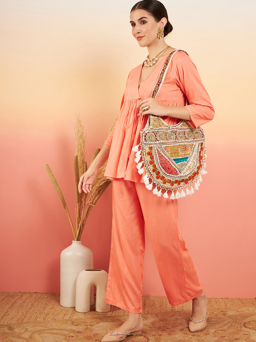 InWeave Women's Creamy Peach Lurex V Neck Front Tie Up Kurta Pant Set - Swadesiicart