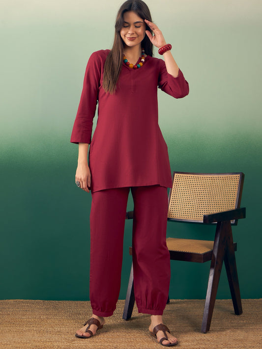 InWeave Burgundy Solid V Neck Short Kurta Pant Set - Swadesiicart