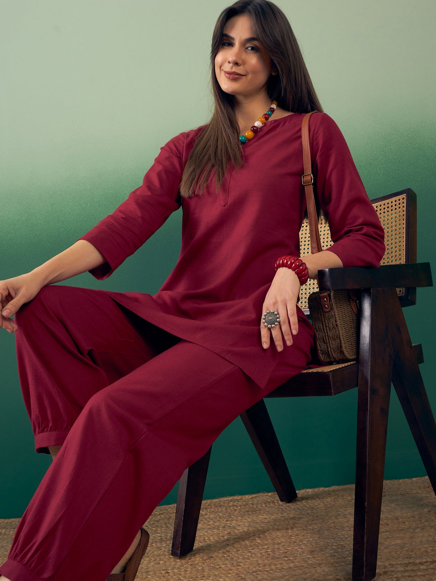 InWeave Burgundy Solid V Neck Short Kurta Pant Set - Swadesiicart